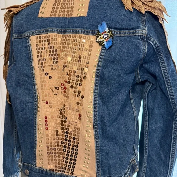 Embellished Denim Jean Jacket with Gold Accents - Picture 2 of 4